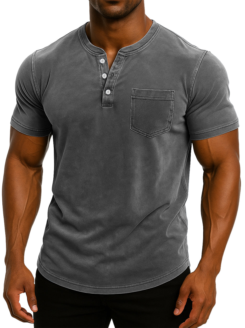 Men's Retro Stand Collar Casual Pocket Solid Color Slim Fit Short Sleeve Henley Shirt