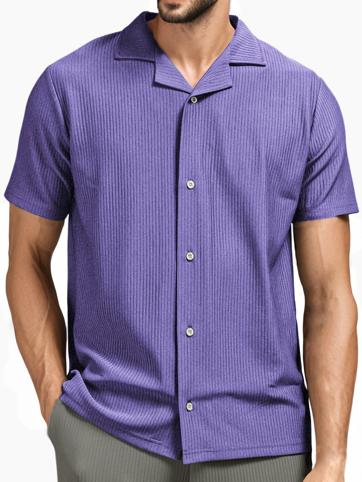 Men's Pit Stripe Pleated Cuban Collar Holiday Casual Button Short Sleeve Shirt