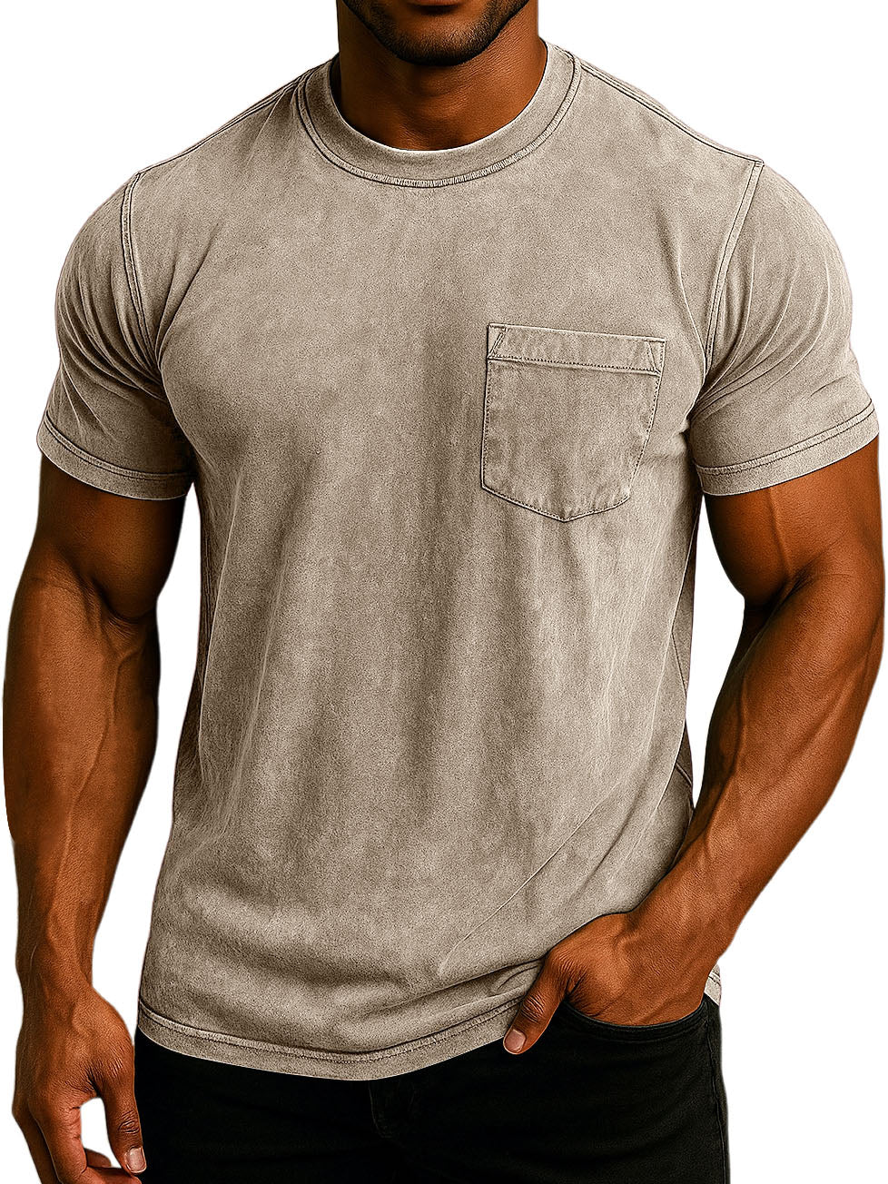 Men's Fashion Washed And Distressed Cotton Retro Pocket Casual T-shirt