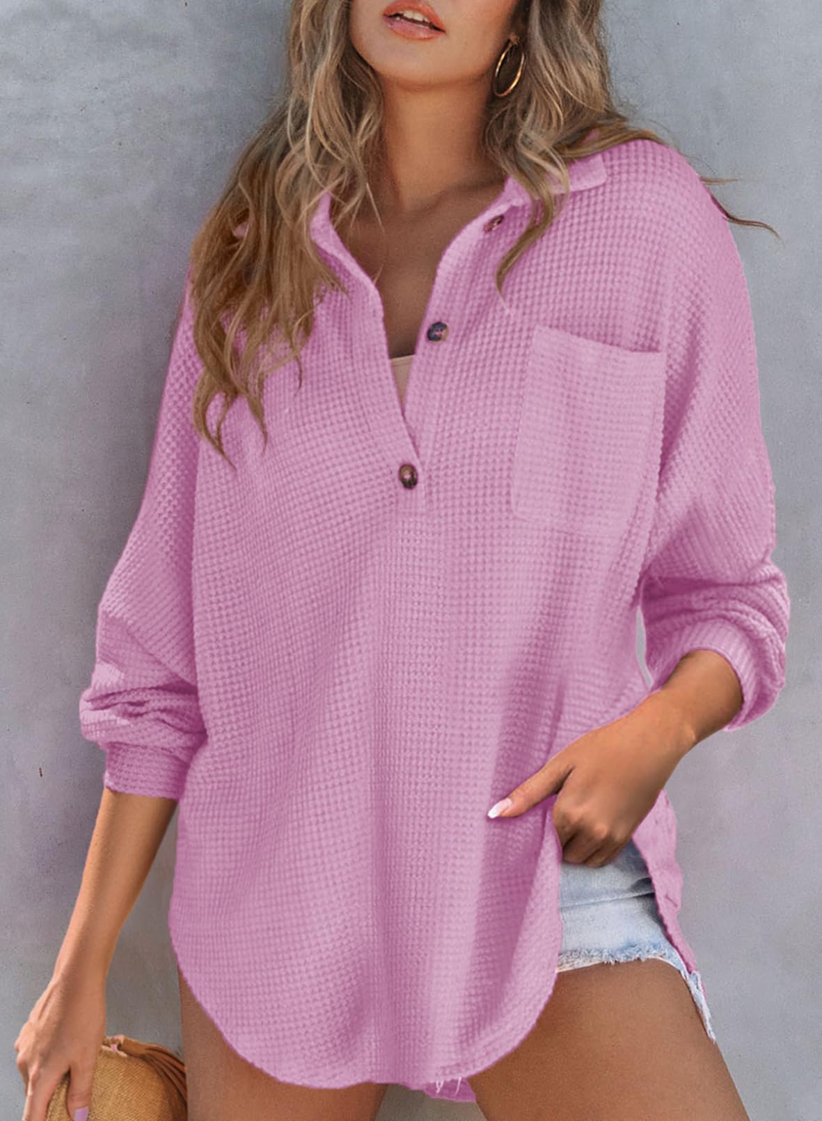2025 New Women's Waffle Knit Henley V Neck Shirt Jacket (buy 2 free shipping)
