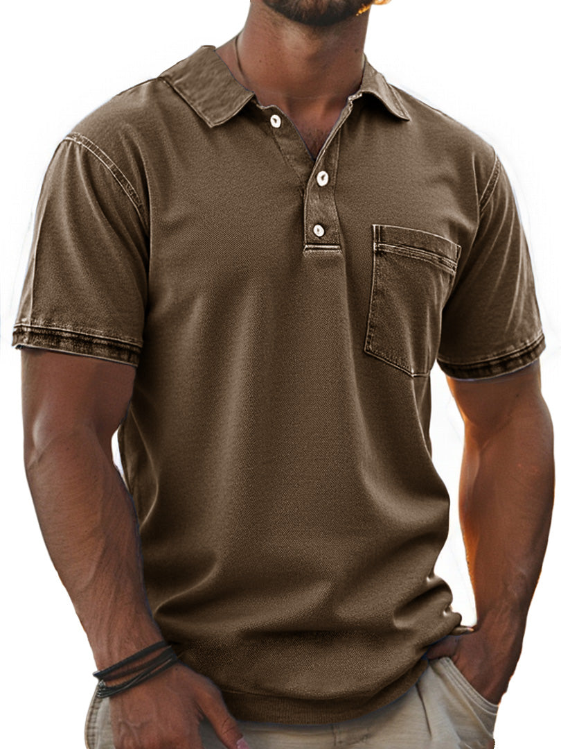 Men's Stylish Retro Pure Cotton Distressed Fabric Pocket Lapel Polo Shirt