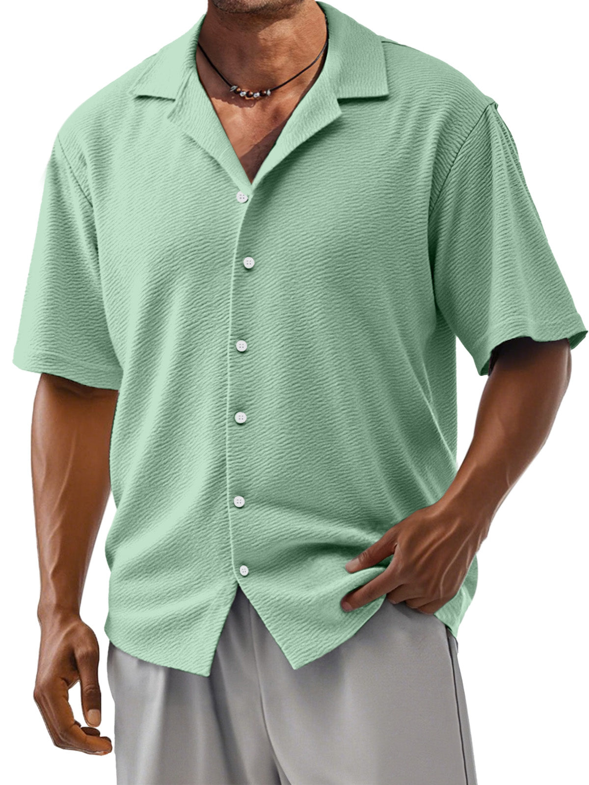 Men's Loose Solid Color Comfortable Texture Short-Sleeved Cuban Collar Shirt