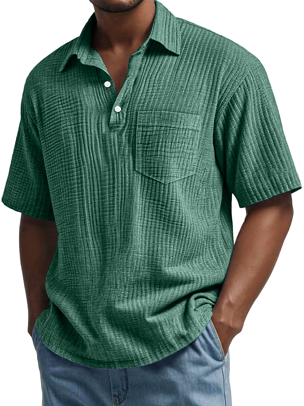 Men's Daily Pleated Casual Lapel Pocket Short Sleeve POLO Shirt
