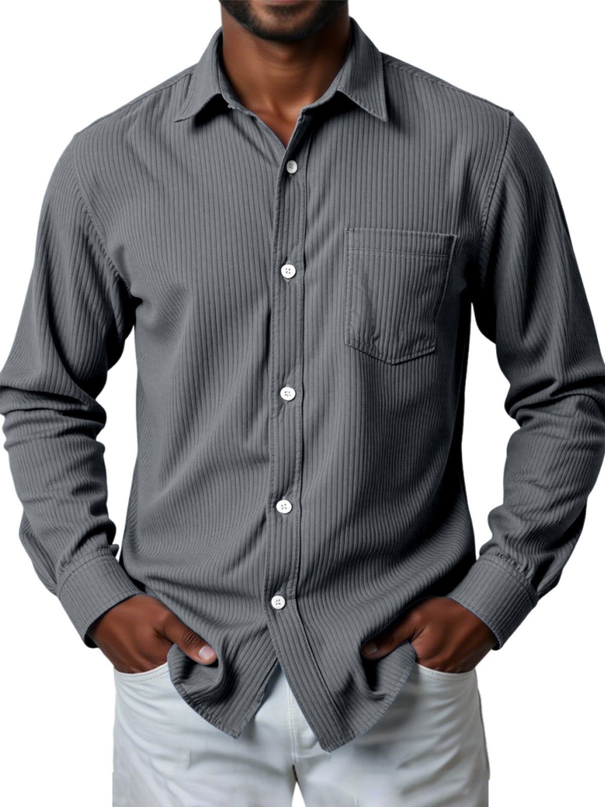 Men's Casual Solid Color Pit Striped Long-sleeved Shirt
